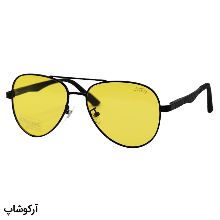 عینک دید در شب برند DRIVE با فریم خلبانی، مشکی رنگ، دسته فنری و لنز زرد رنگ و پلاریزه مدل PD1807