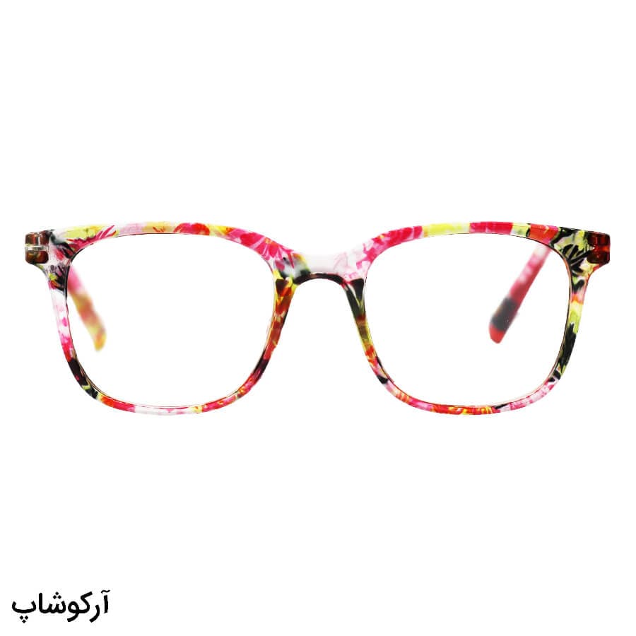 عینک مطالعه نزدیک بین نمره +1.25 با فریم صورتی چند رنگ، مربعی شکل و دسته فنری مدل 23-33 — تصویر ۲