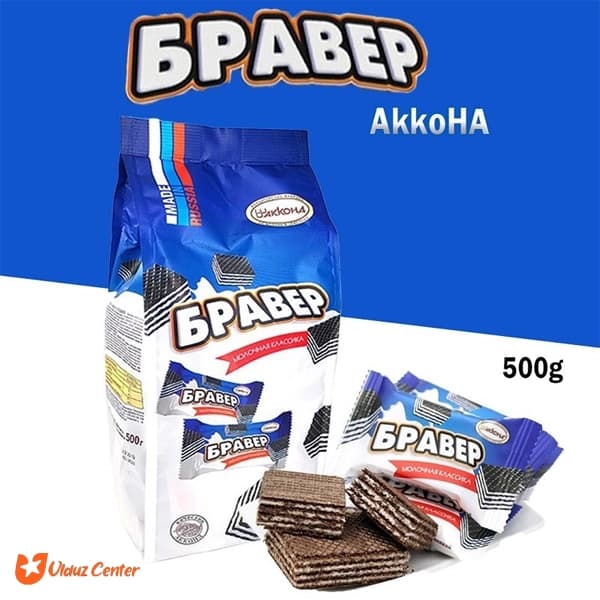 ویفر روسی آکوند مدل Braver با طعم کاکائو 500 گرم