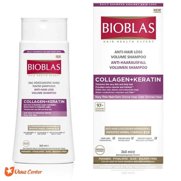 شامپو تقویت و حجم دهنده مو بیوبلاس حاوی Keratin + Collagen حجم 360 میل