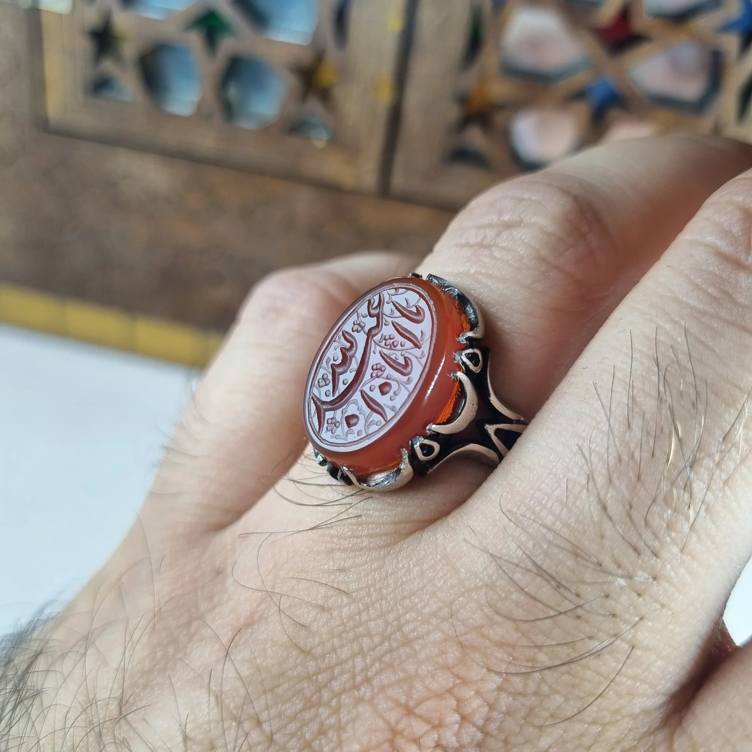 انگشتر مردانه نقره روس با نگین عقیق سرخ حکاکی اباعبدالله — تصویر ۸