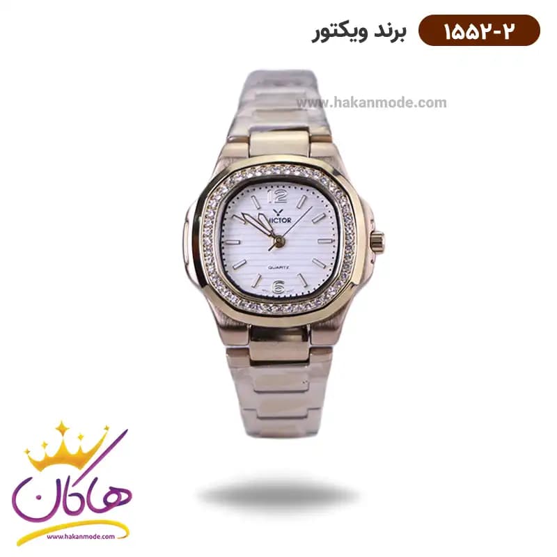 ساعت ویکتور زنانه فلزی طلایی قاب مربع نگینی 1552/2