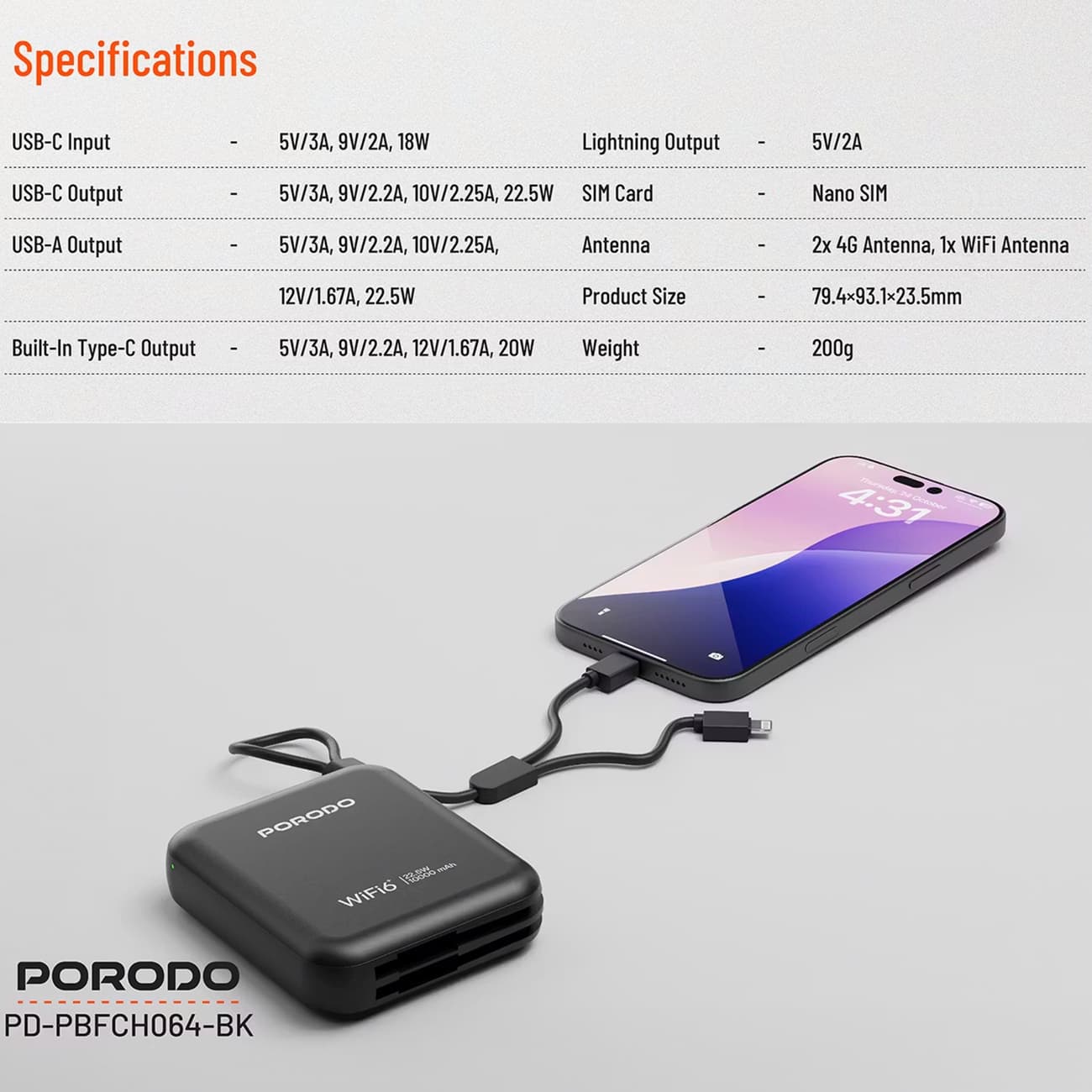 مودم همراه 4G LTE و پاوربانک 10000 میلیآمپرساعت پورودو مدل Porodo PD-PBFCH064-BK — تصویر ۴