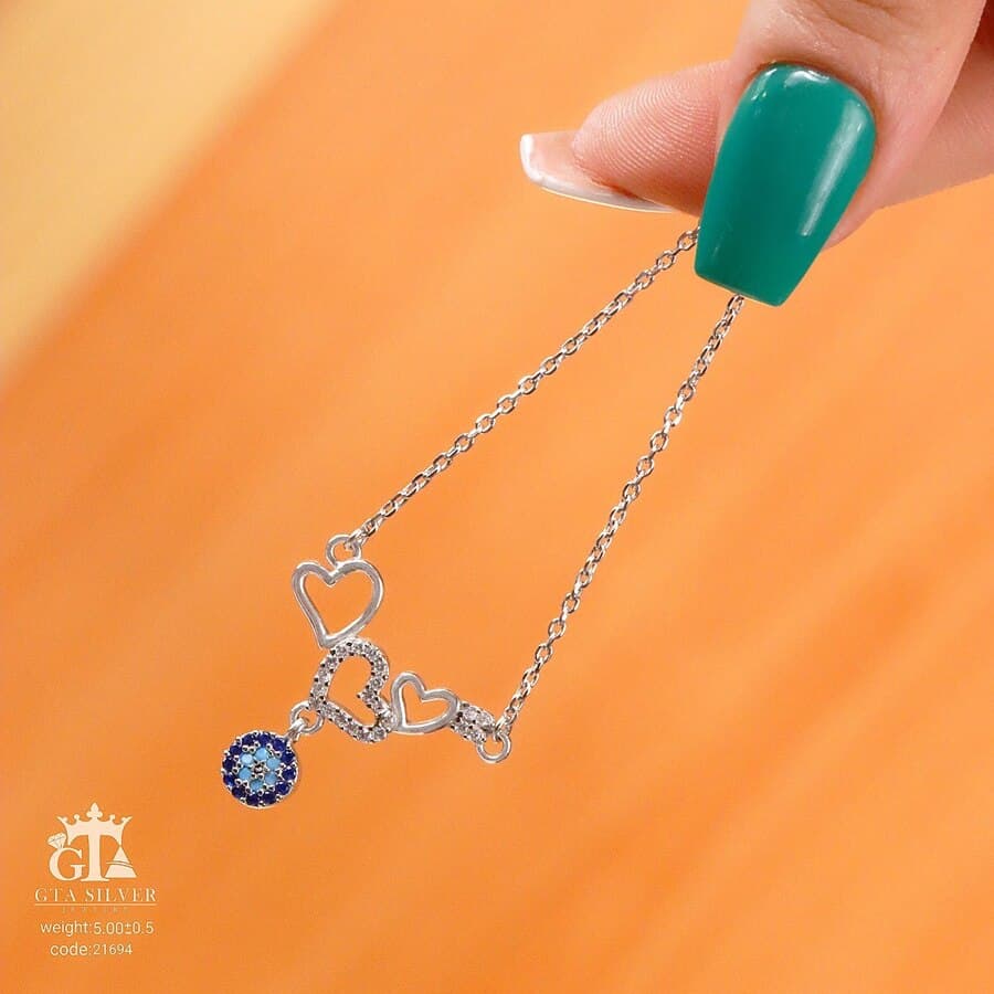 گردنبند نقره زنانه طرح قلب و چشم نظر کد 21694 — تصویر ۲