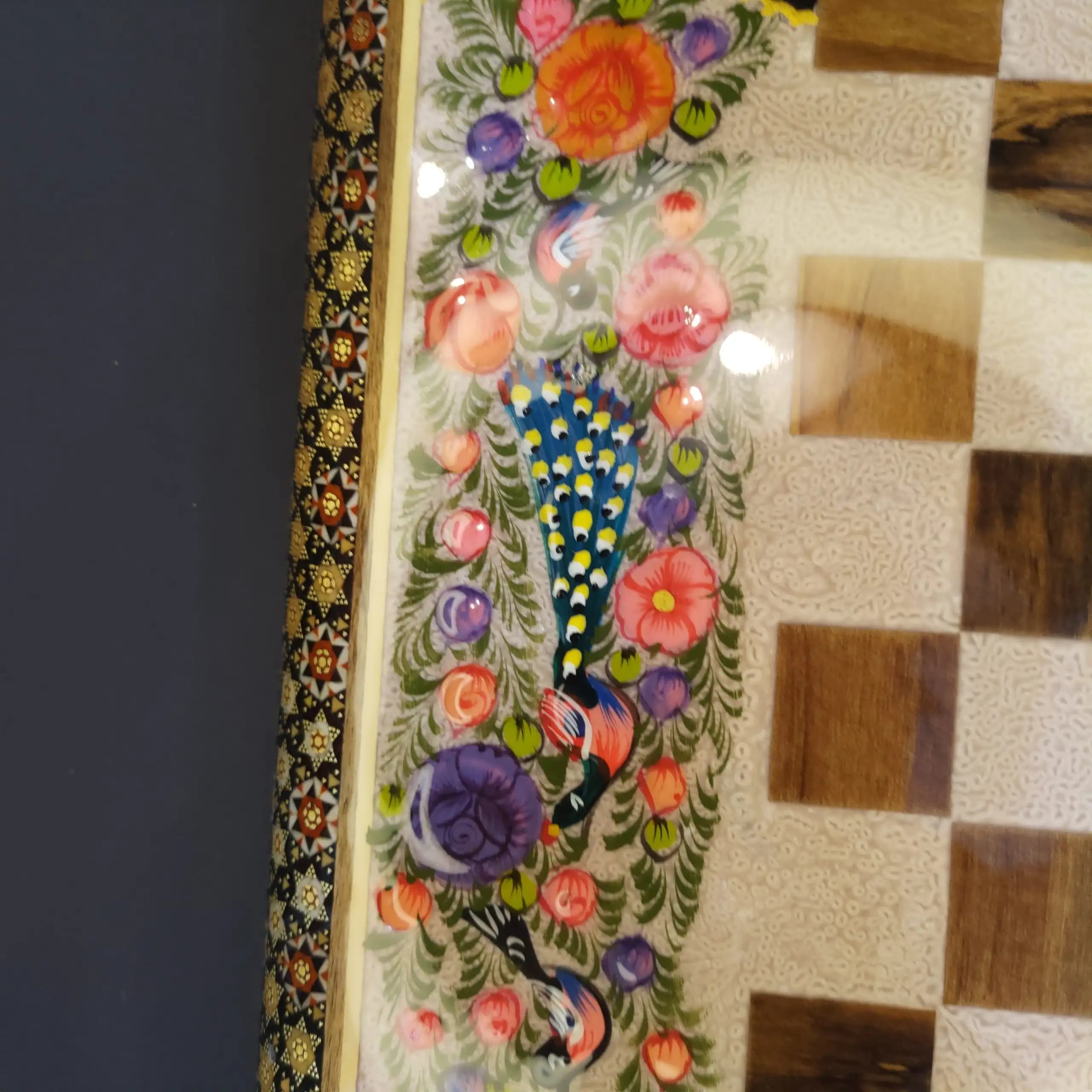 تخته نرد دست ساز گردو خاتم و پرداز گل مرغ برجسته اقتصادی با ضربه گیر بینظیر — تصویر ۵