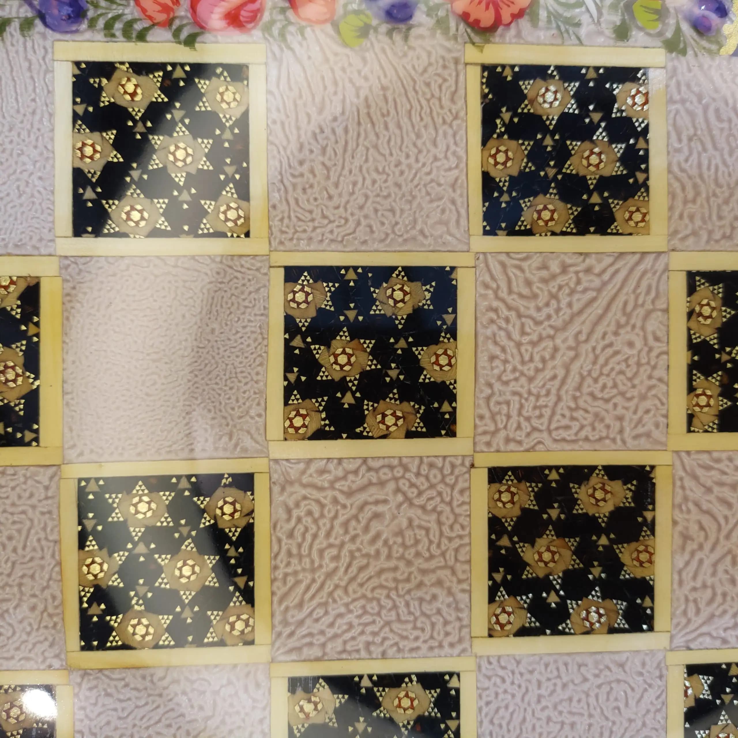 تخته نرد دست ساز گردو خاتم و پرداز گل مرغ برجسته اقتصادی آبی — تصویر ۷