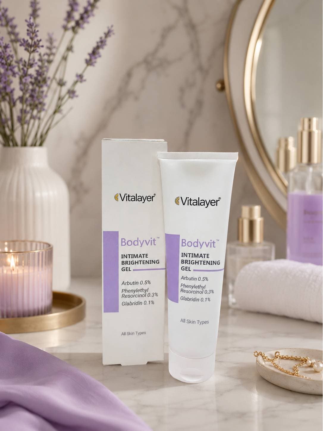 ژل روشنکننده بدن ویتالیر مدل Bodyvit مناسب برای انواع پوست، قابل استفاده در روز و شب، حجم 150 میلیلیتر