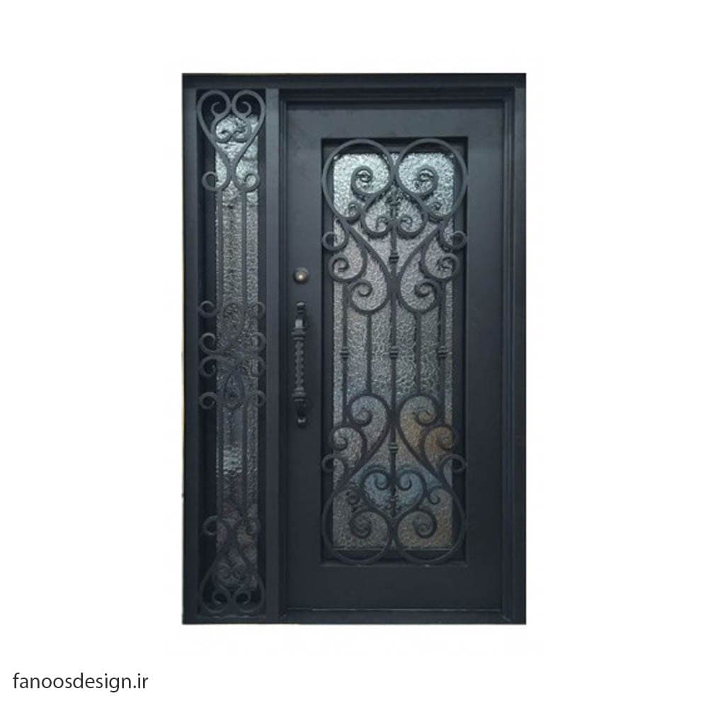 درب نفررو فرفورژه لوکس فلزی یک و نیم لنگه سایز 155*220 با شیشه ساتینا سکوریت کد 508