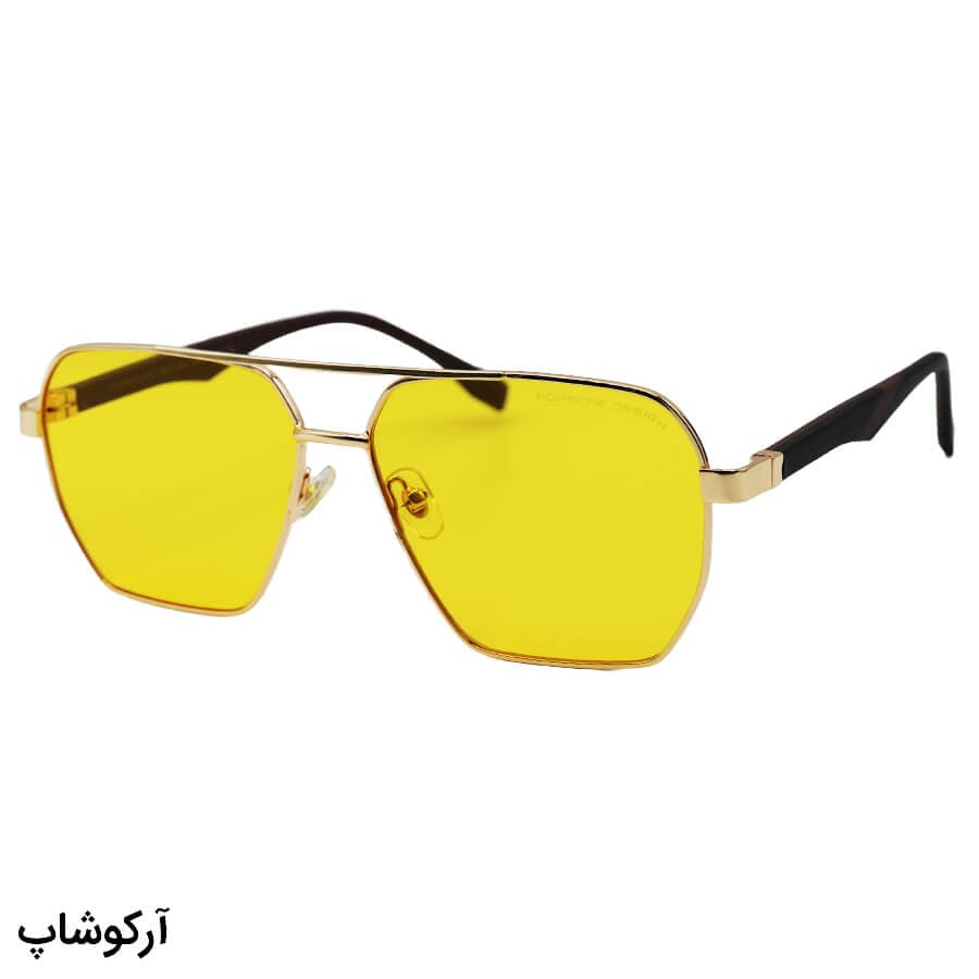 عینک شب پورشه دیزاین با فریم خلبانی، طلایی رنگ، دسته فنری و لنز زرد رنگ مدل DS2440S