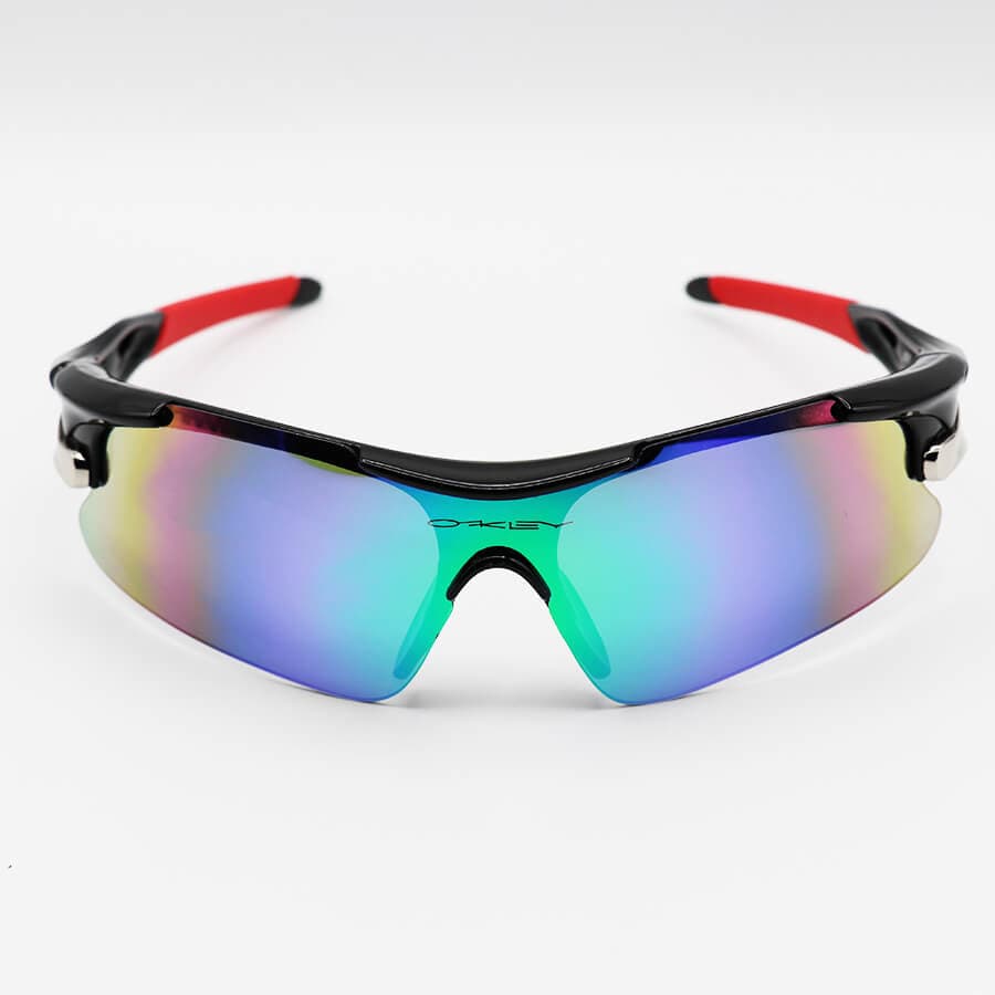 عینک ورزشی نیم فریم OAKLEY با فریم مشکی رنگ، عدسی آینه ای و چند رنگ مدل 806 — تصویر ۲
