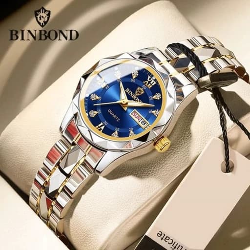 ساعت مچی زنانه اورجینال دوتقویم بند استیل رنگ ثابت و ضداب بینبند دارای رنگبندی متنوع BINBOND