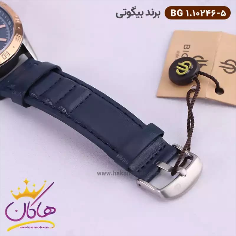 ساعت عقربه ای بیگوتی مردانه بند چرمی آبی دو زمانه کد BG.1.10246-5 — تصویر ۴