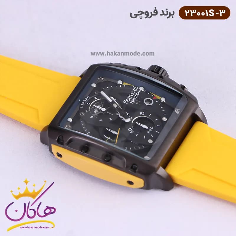 ساعت فروچی مردانه بند رابر زرد کرنوگراف قاب مربع 23001s/3 — تصویر ۲