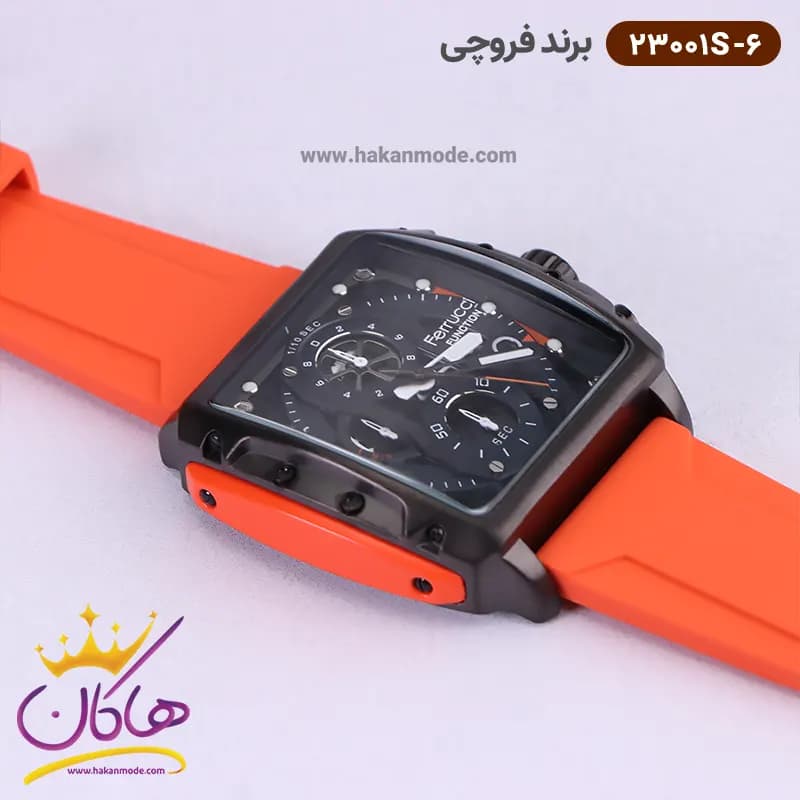 ساعت فروچی مردانه بند رابر نارنجی کرنوگراف قاب مربع 23001s/6 — تصویر ۲