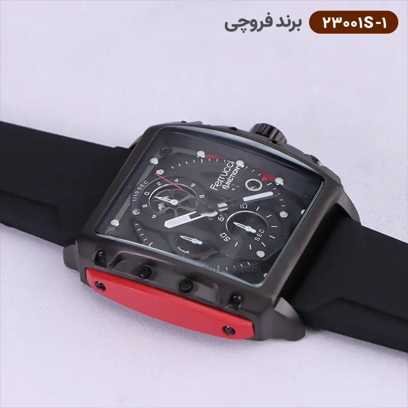 ساعت فروچی مردانه بند رابر مشکی قاب مربع کرنوگراف 23001s/1 — تصویر ۳