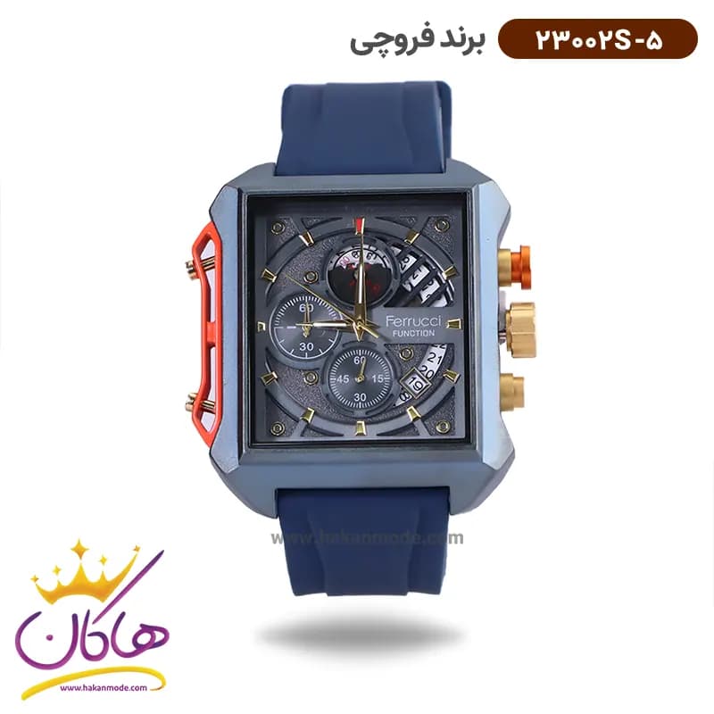 ساعت فروچی مردانه بند رابر سورمه ای قاب مربع کرنوگراف 23002s/5