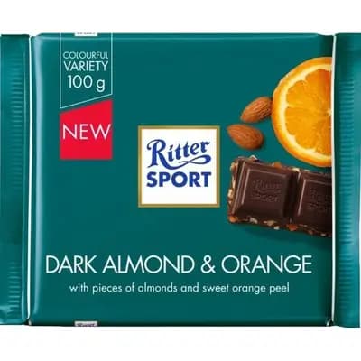شکلات تلخ تخته ای ریتر اسپرت با بادام و پرتقال -100 گرمی Ritter Sport Dark Chocolate Almond & Orange
