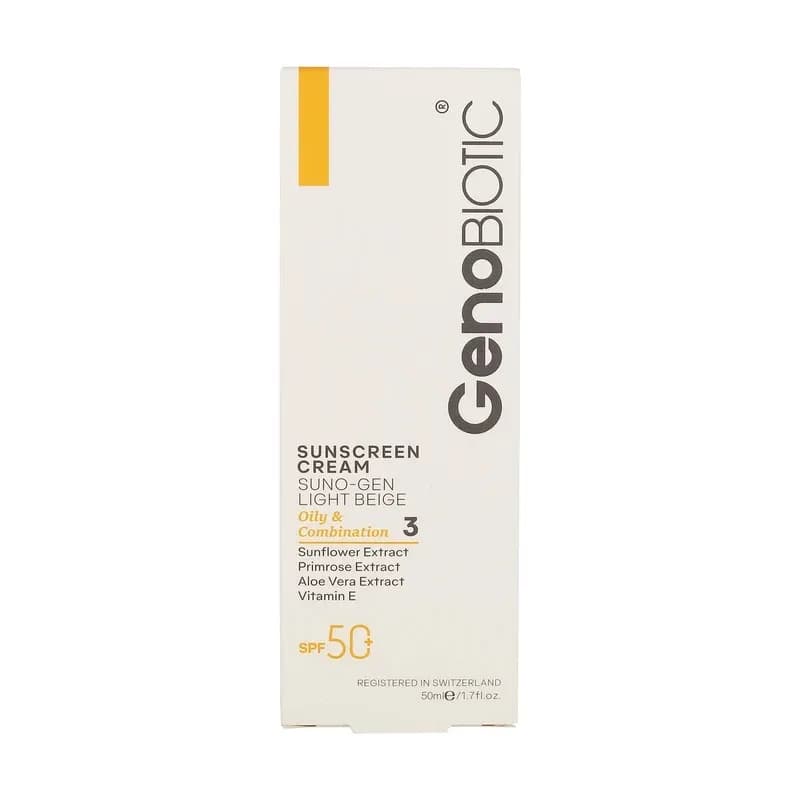 کرم ضد افتاب رنگی ژنوبایوتیک SPF 50 مناسب پوست چرب و مختلط – بژ روشن ۵۰ گرم