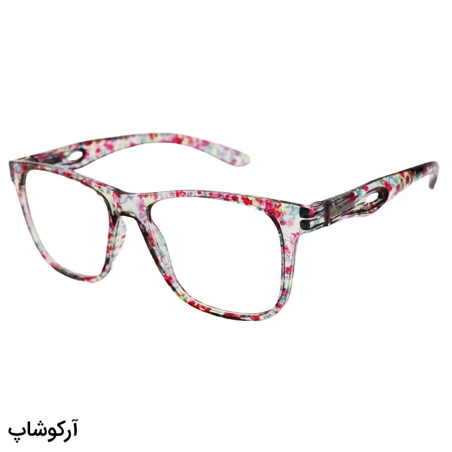 عینک مطالعه نزدیک بین نمره +2.00 با فریم صورتی رنگ، طرح گل گلی، مربعی و دسته فنری مدل 22-9