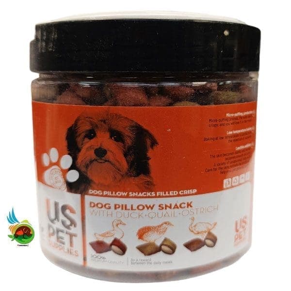 تشویقی بالشی مغز دار سگ یو اس پت طعم اردک، بلدرچین و شتر مرغ Uspet with duck & quail and ostrich وزن ۲۰۰ گرم