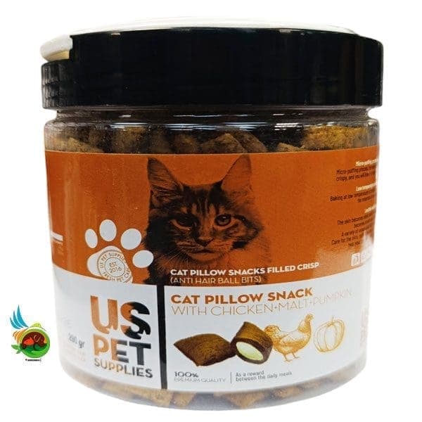 تشویقی بالشی مغز دار آنتی هیربال گربه یو اس پت طعم مرغ، مالت و کدو حلوایی Uspet with chicken & malt and pumpkin وزن ۲۰۰ گرم