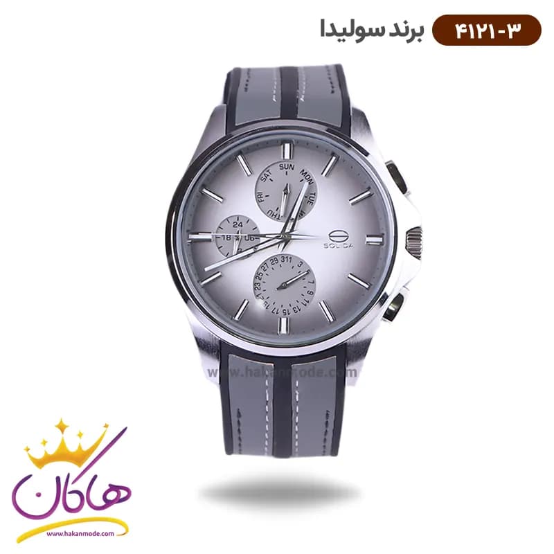 ساعت سولیدا مردانه بند رابر طوسی مشکی قاب نقره ای 4121/3