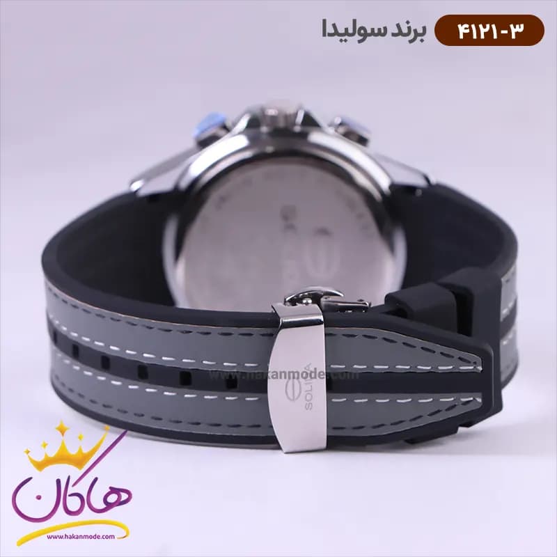 ساعت سولیدا مردانه بند رابر طوسی مشکی قاب نقره ای 4121/3 — تصویر ۳