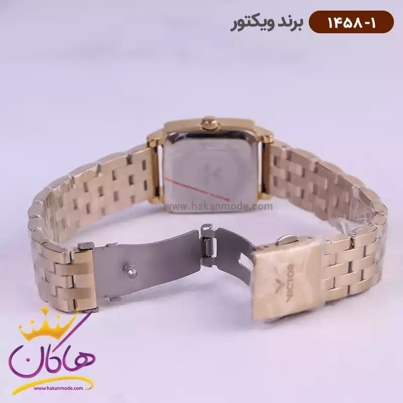 ساعت ویکتور زنانه فلزی تمام طلایی صفحه مربع 1458/1 — تصویر ۴
