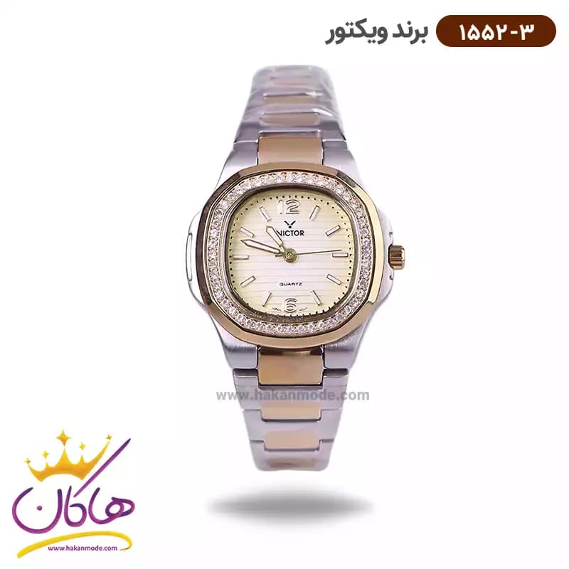 ساعت ویکتور زنانه فلزی قاب مربع طلایی نگین دار 1552/3