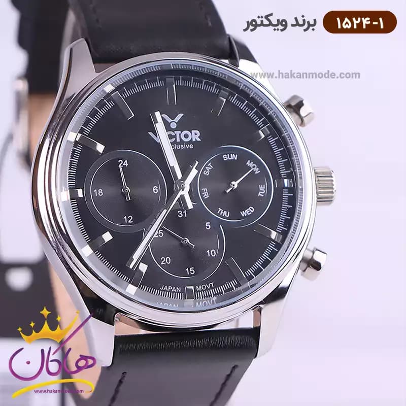 ساعت ویکتور مردانه بند چرم مشکی قاب نقره ای 1524/1 — تصویر ۲