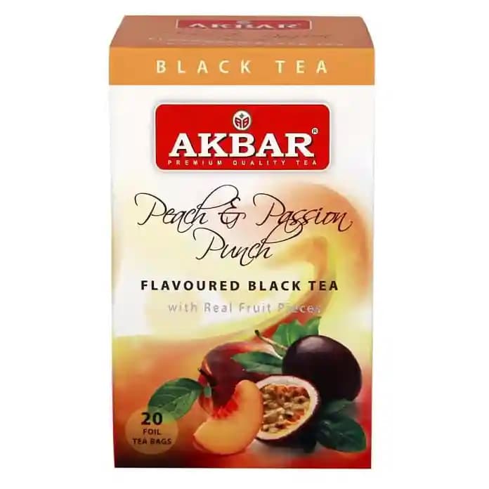 دمنوش کیسه ای اکبر حاوی چای سیاه با طعم هلو و پشن فروت 20 عددی Akbar Peach and Passion Fruit Flavoured Black Tea