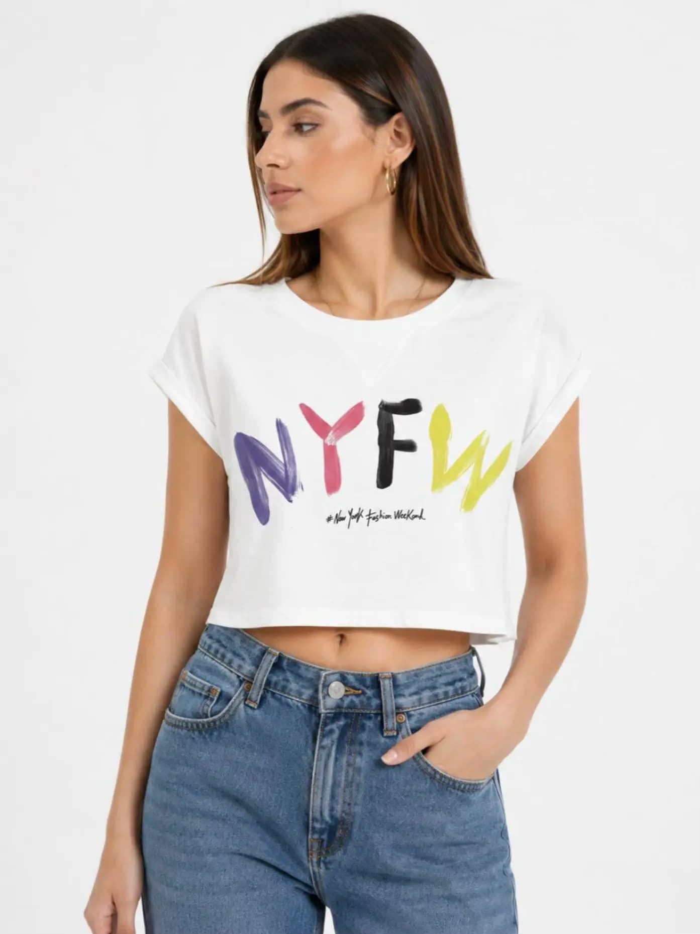 کراپ تیشرت زنانه سفید طرح NYFW