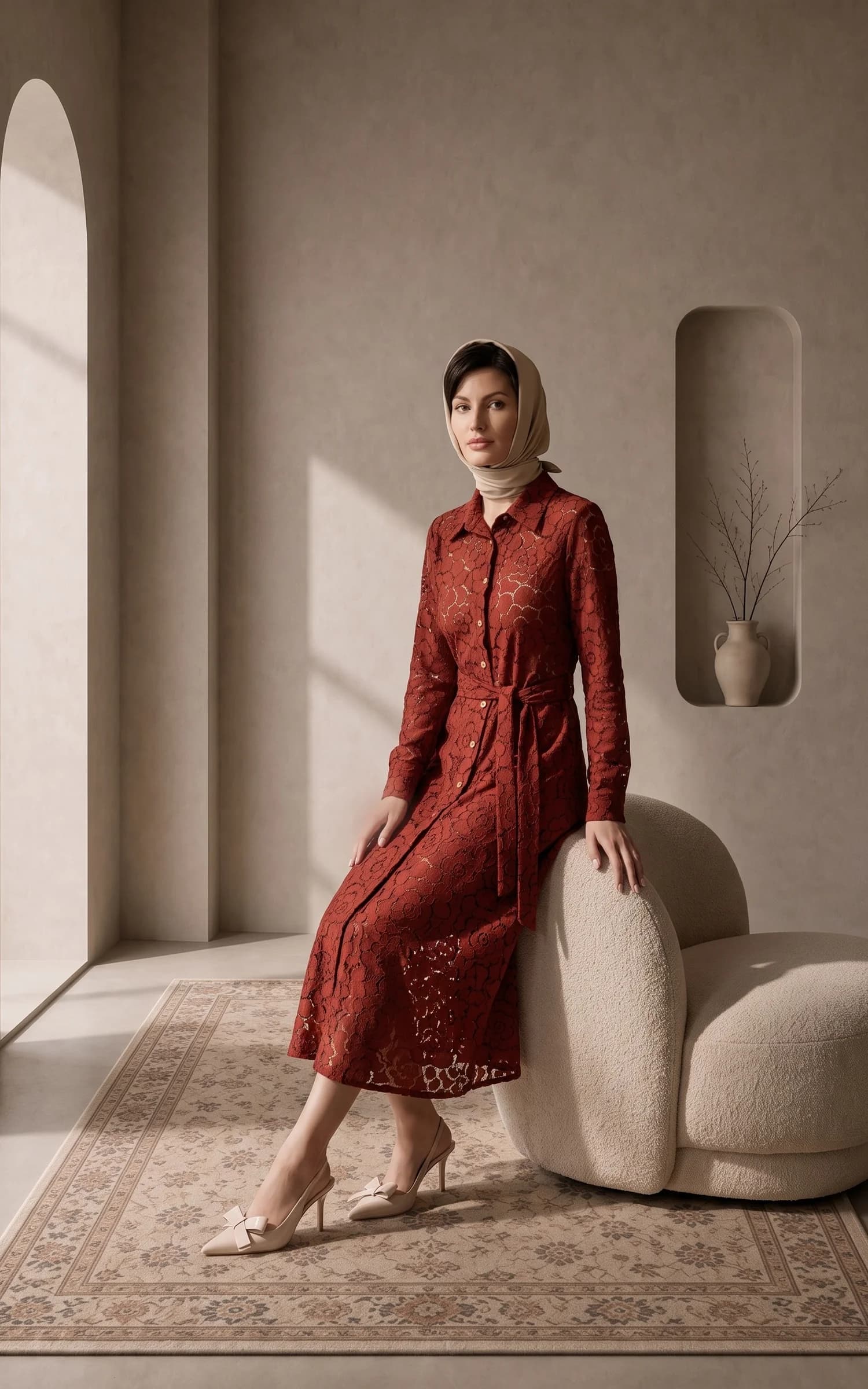 پیراهن زنانه میدی گیپور کمربنددار دکمهای nevado کد 405014261919 — تصویر ۳