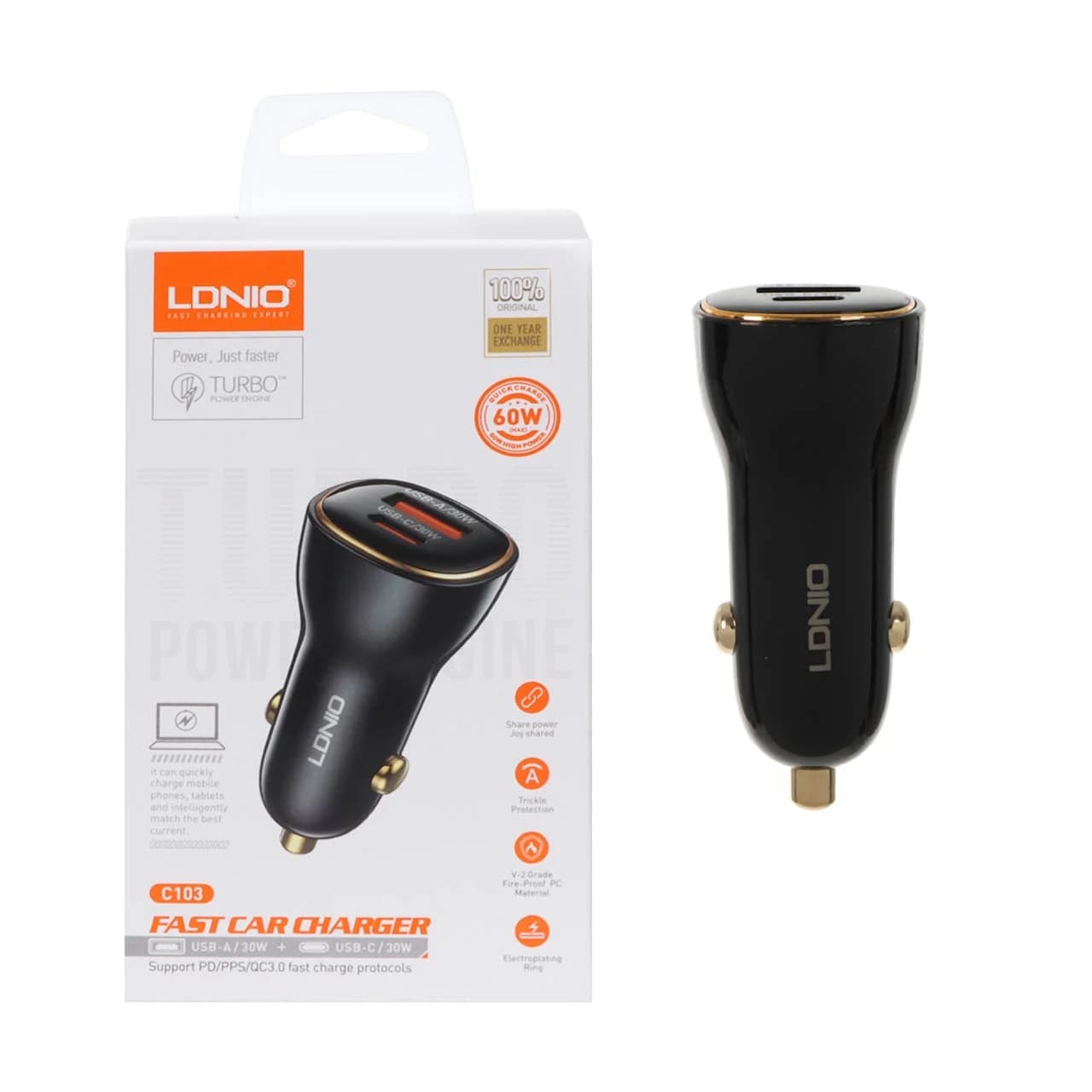 شارژر فندکی فست و PD دو پورت LDNIO مدل C103 60W به همراه کابل شارژ Type-C TO Type-C – مشکی (اصلی)