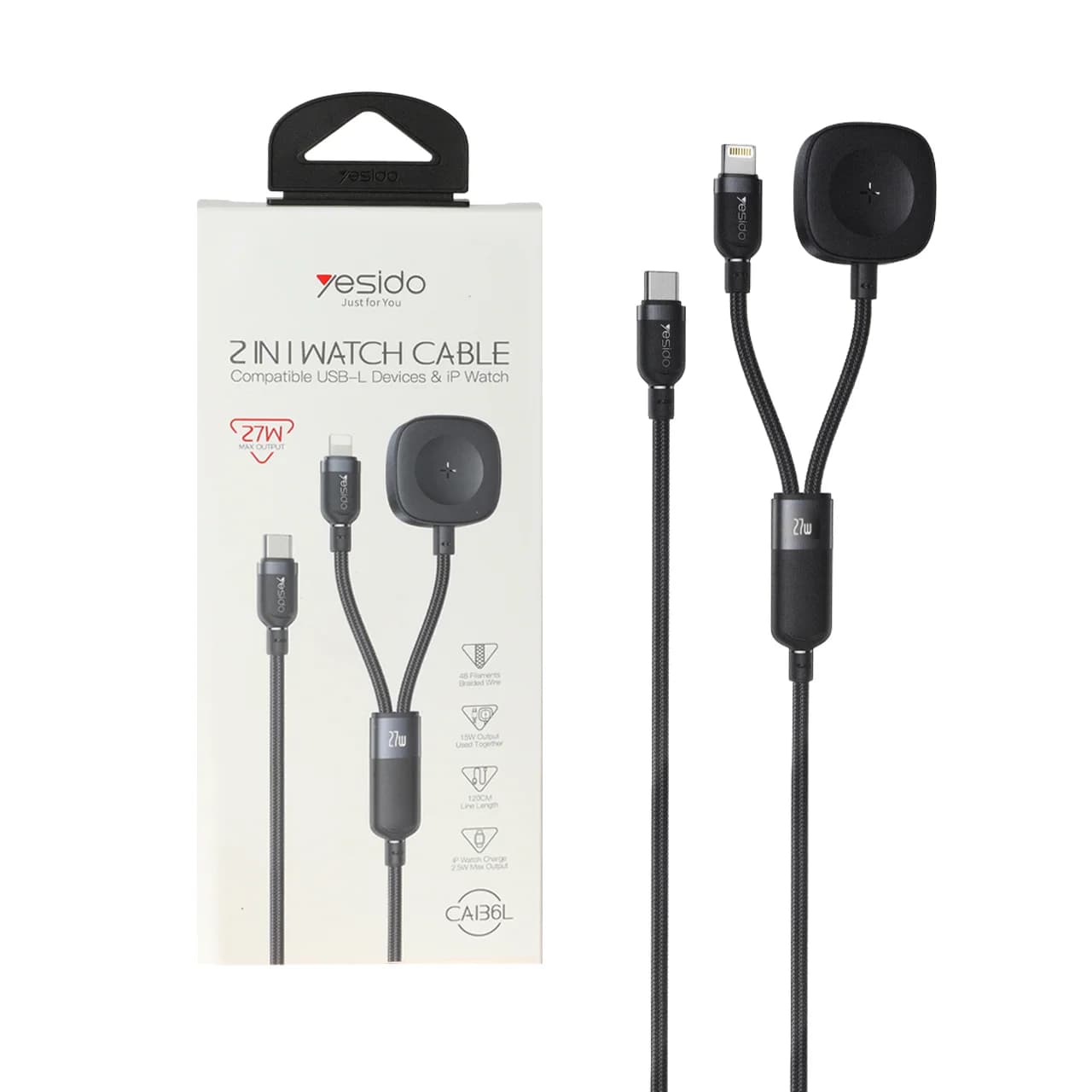 کابل شارژ 1.2 متری فست Type-C to Lightning و شارژر وایرلس Yesido مدل CA136L 27W – مشکی (گارانتی 18 ماه تعویض نیکان همراه)