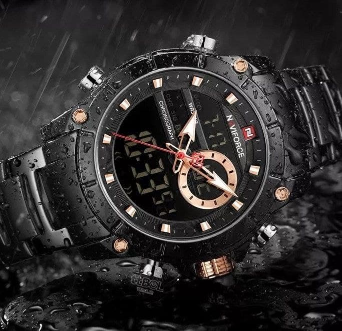 ساعت مردانه نیوی فورس Naviforce موتور ژاپن ضدآب چراغ دار جنس بند استیل با کیفیت دو زمانه روز شمار تقویم دار مدل9163 کد 1920460 — تصویر ۲