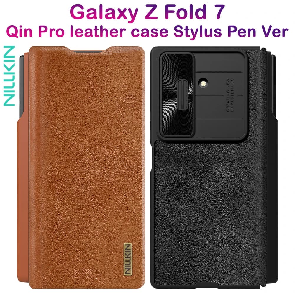 کیف چرمی محافظ دوربین دار و قلم هوشمند Samsung Galaxy Z Fold 7 مارک نیلکین مدل Qin Pro