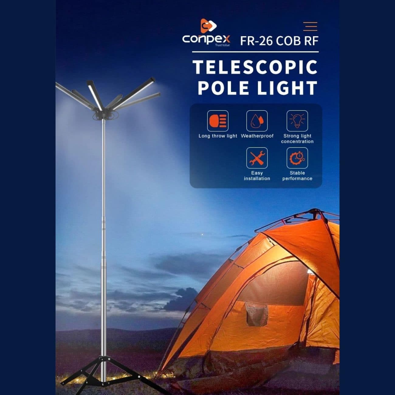 چراغ کمپینگ کانپکس CONPEX مدلFR-26 COB RF شش پر با سه پایه — تصویر ۹