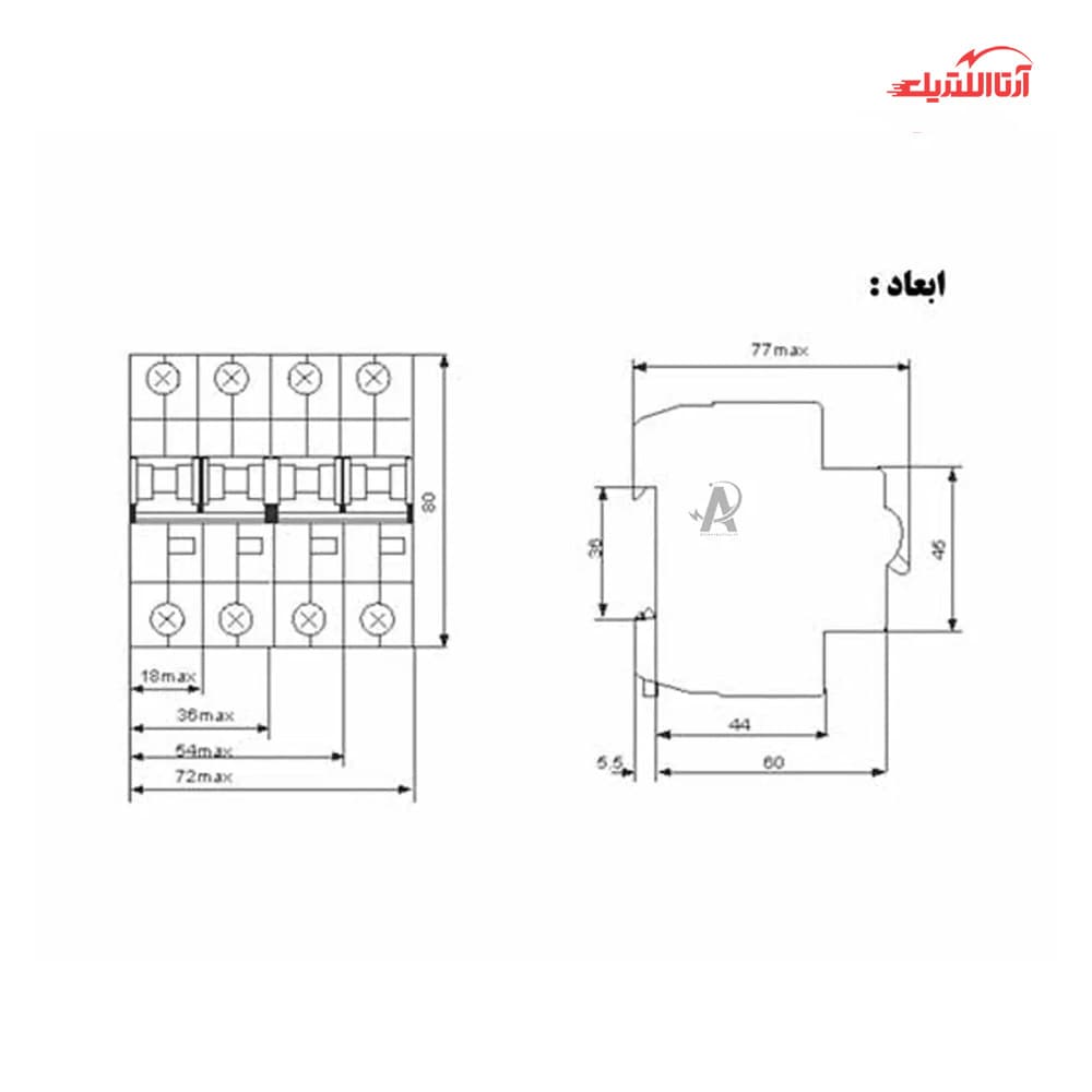 کلید مینیاتوری 25 آمپر دو فاز AC الکترو کاوه کد 25A-6KA-2P — تصویر ۲