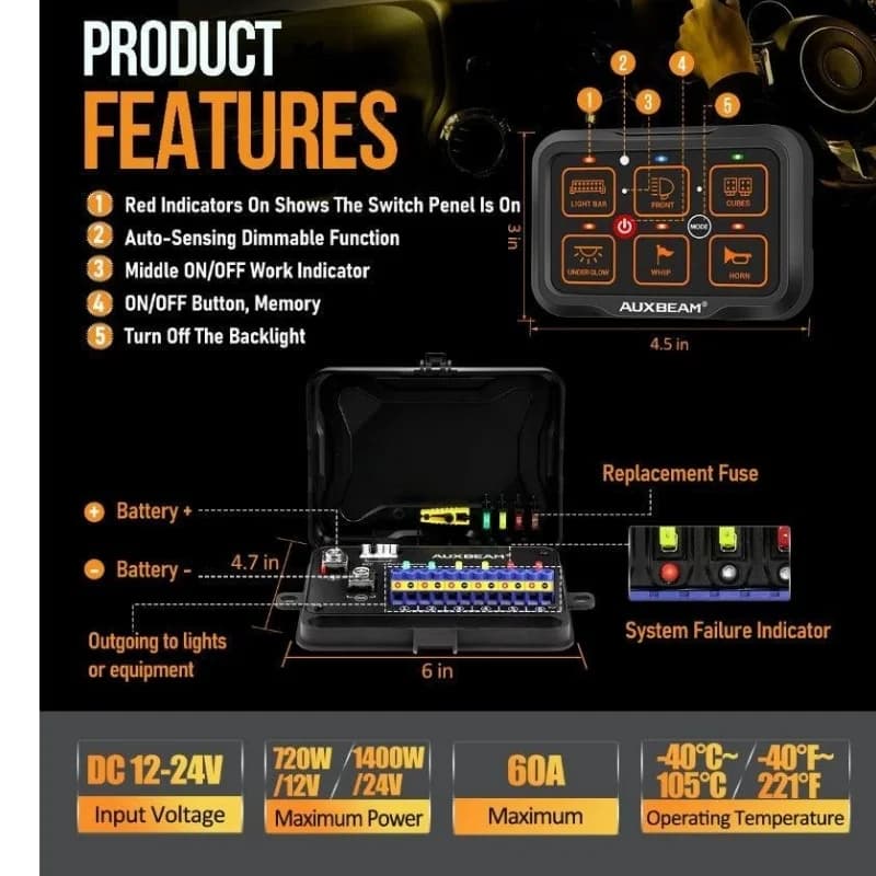 کنترل پنل و صفحه کلید فشاری 6 کلید (Auxbeam) با چراغ پس زمینه RGB مدل AR-600 — تصویر ۶