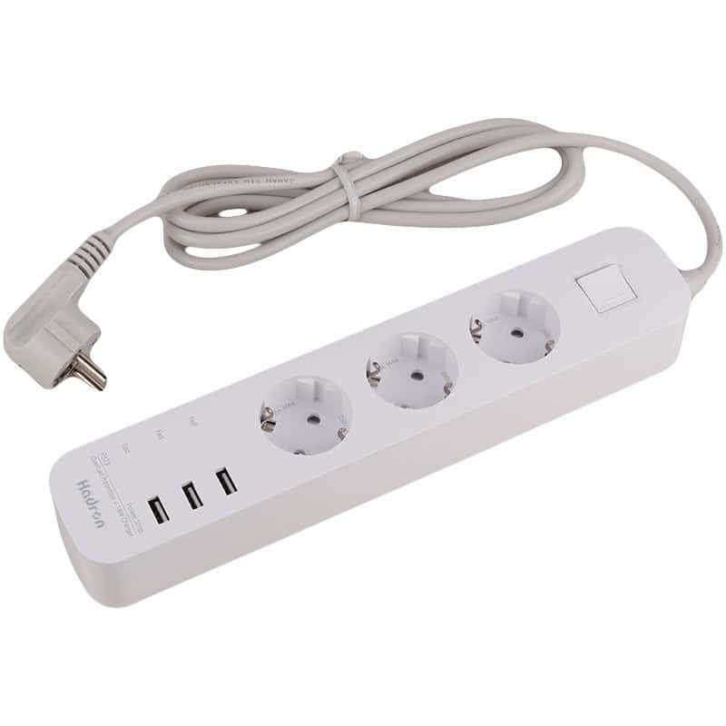 چند راهی 3 خانه برق ارت دار هادرون P323 با کابل 1.8 متری + شارژر USB — تصویر ۳