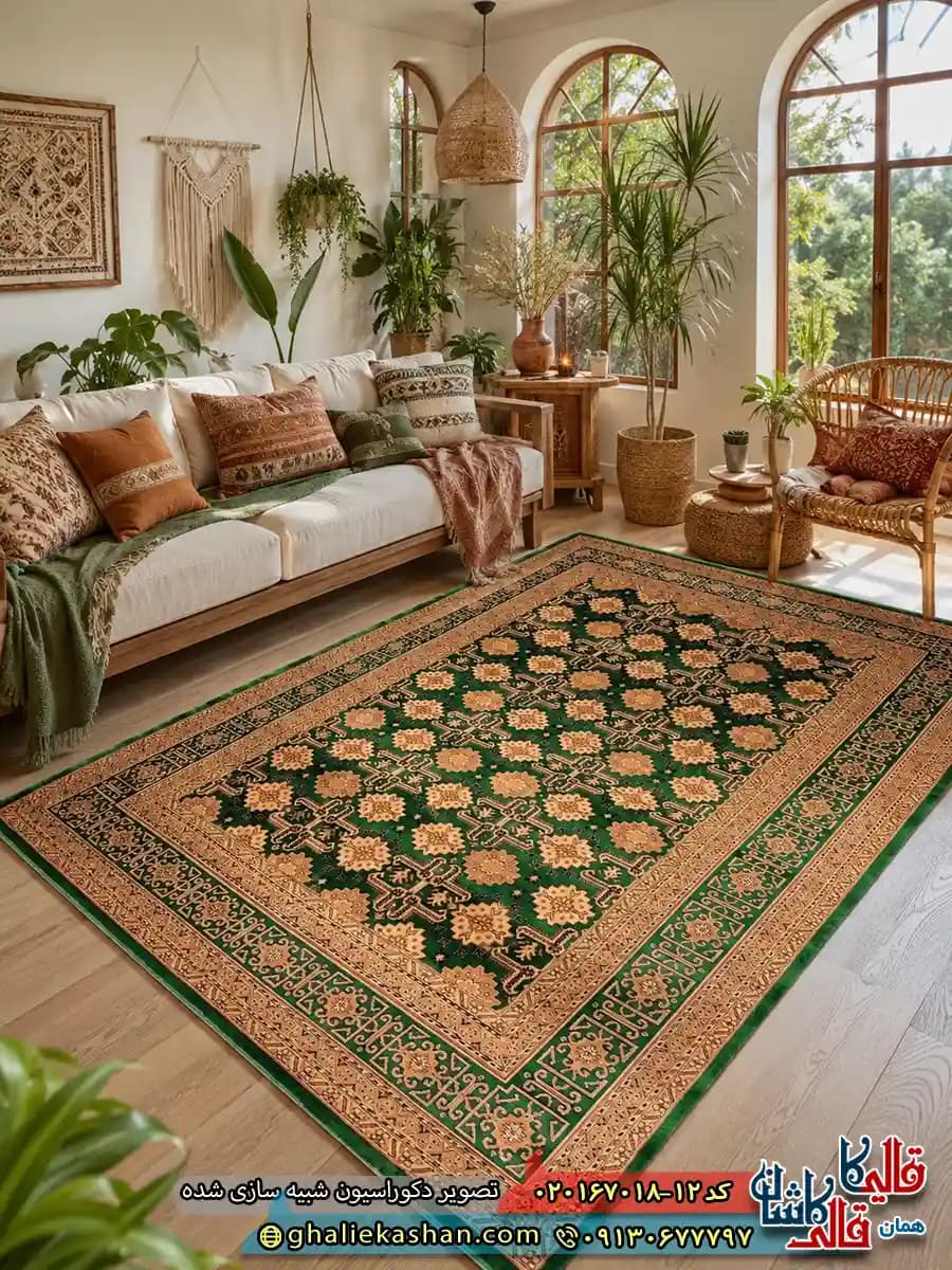 فرش سنتی 700 شانه طرح بهار ترکمن رنگ سبز درباری کاشان