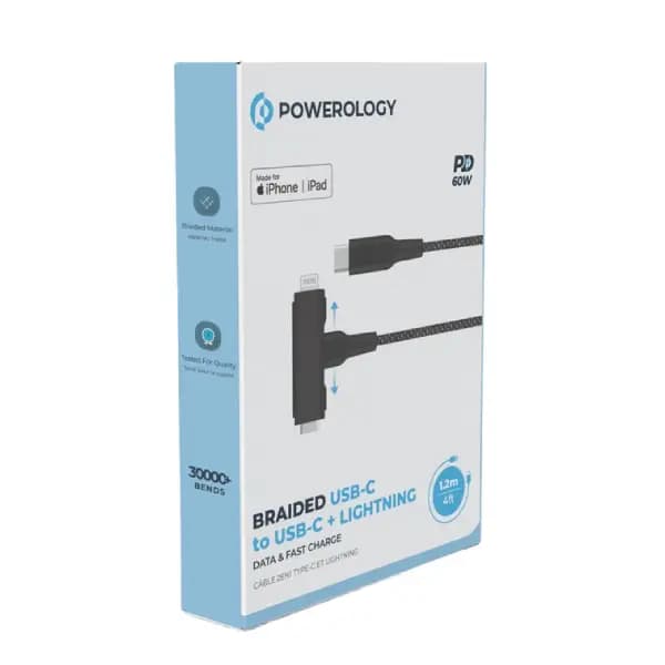 کابل شارژ و انتقال داده 1.2 متر ۲ در ۱ پاورولوژی مدل Powerology MFI Braided Type-C to Type-C and Lightning — تصویر ۵