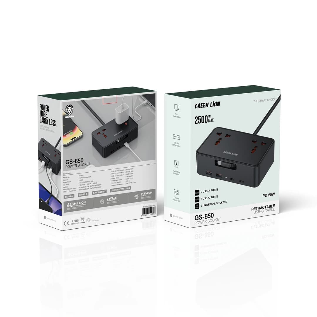 پریز برق رومیزی گرین لاین مدل GS-850 با کابل USB-C جمعشونده GNGS850SKTBK — تصویر ۲