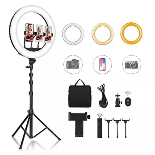 رینگ لایت مدل RL-21 به ضمانت اورجینال با سه پایه و ریموت کنترل و 3 تا هولدر مخصوص قابلیت تنظیم میزان روشنایی کیفیت عالی