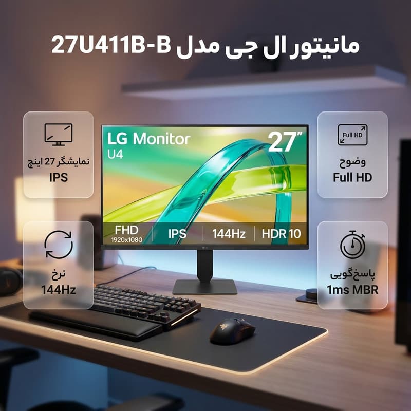 مانیتور 27 اینچ ال جی مدل 27U411B-B با وضوح Full HD، پنل IPS و نرخ بهروزرسانی 144 هرتز — تصویر ۲