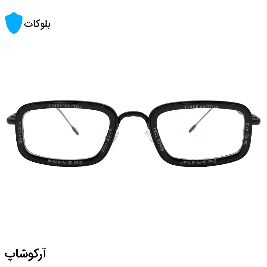 عینک لویی ویتون با فریم مستطیلی شکل، رنگ مشکی براق و عدسی بیرنگ و بلوکات مدل 7324 — تصویر ۲