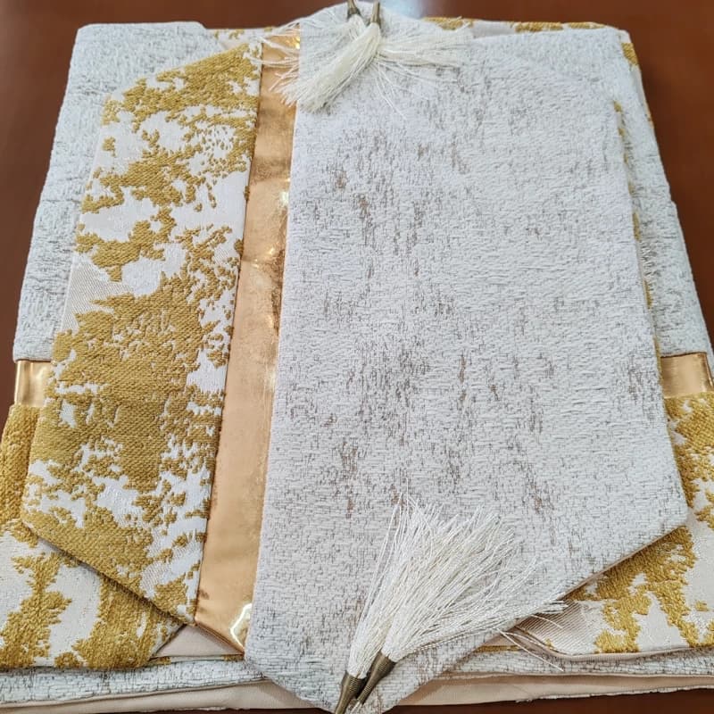 رومیزی مخمل پتینه ترکیبی 4 تکه با چرم طلایی — تصویر ۵