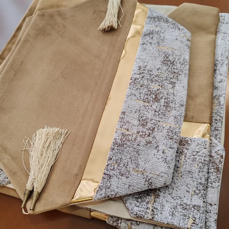 رومیزی مخمل پتینه ترکیبی 4 تکه با چرم طلایی — تصویر ۳