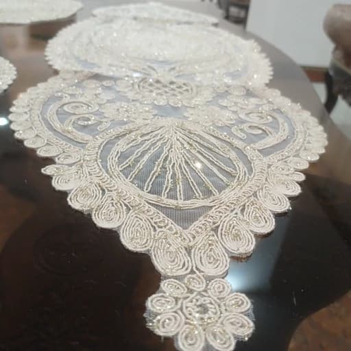 رومیزی بیضی مخمل دانتل ترک سه تکه طرح گندمک — تصویر ۳